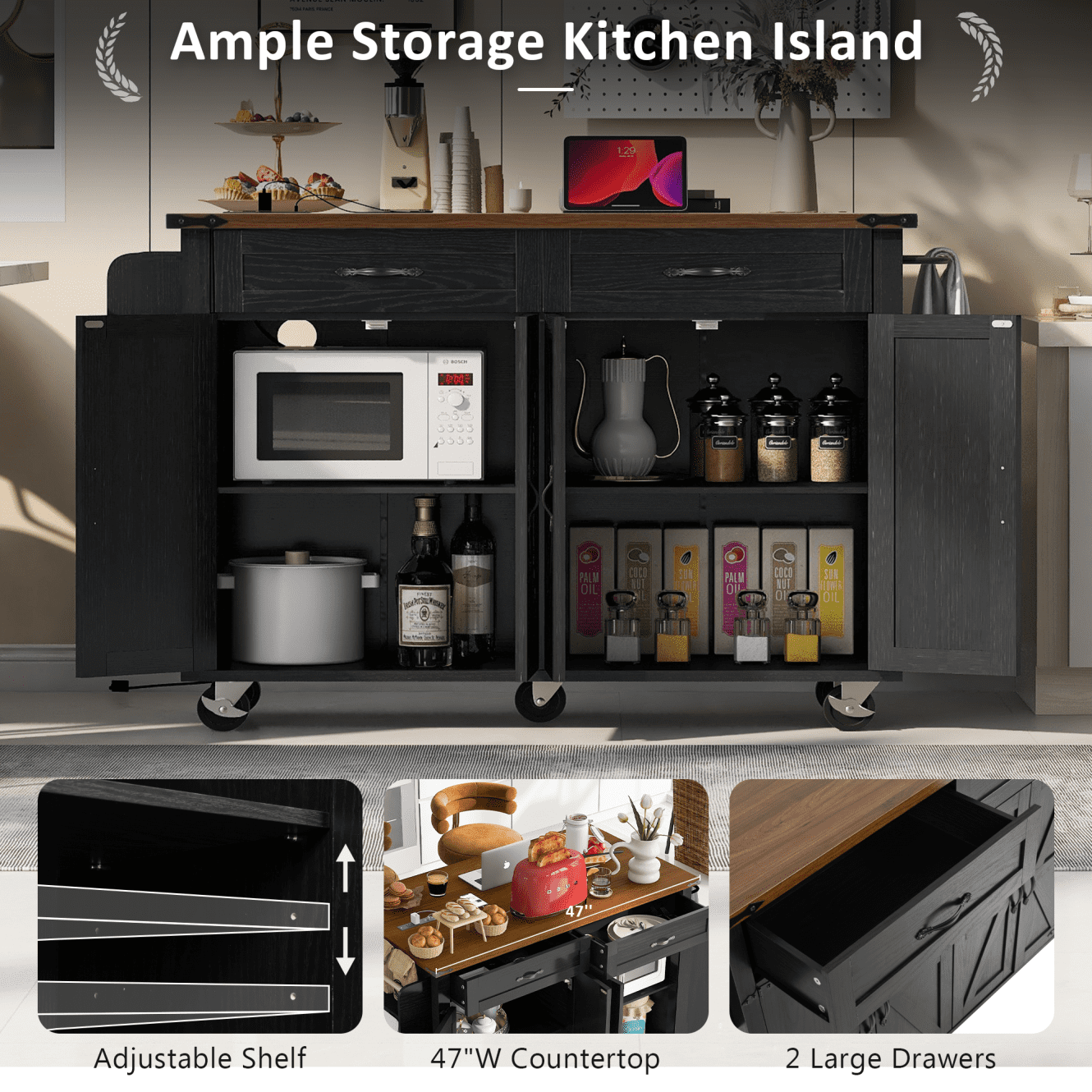 Kitchen Island with Drop Leaf and Power Outlets, Portable Rolling Kitchen Cart  with Large Storage Cabinets & Adjustable Shelf, 47.2'' Island Table with Spice Rack & Towel Rack, Black