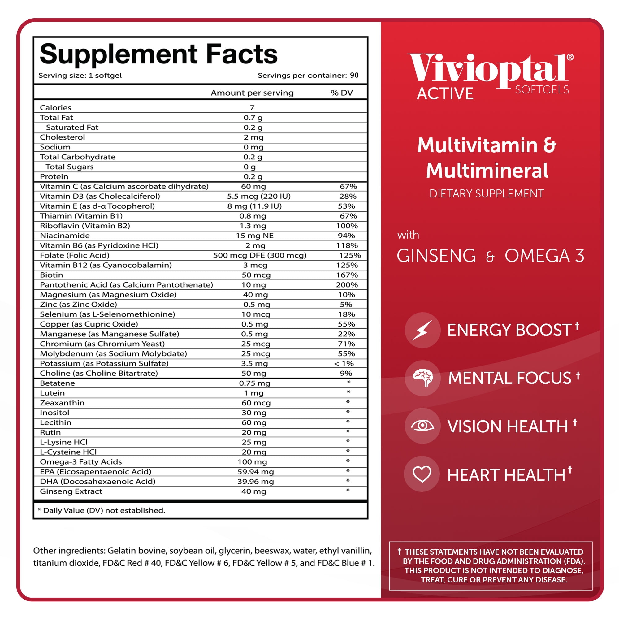 Vivioptal Active, 90 Softgels, Ginseng & Omega 3, Multivitamin & Multimineral, Gluten Free, German Formula