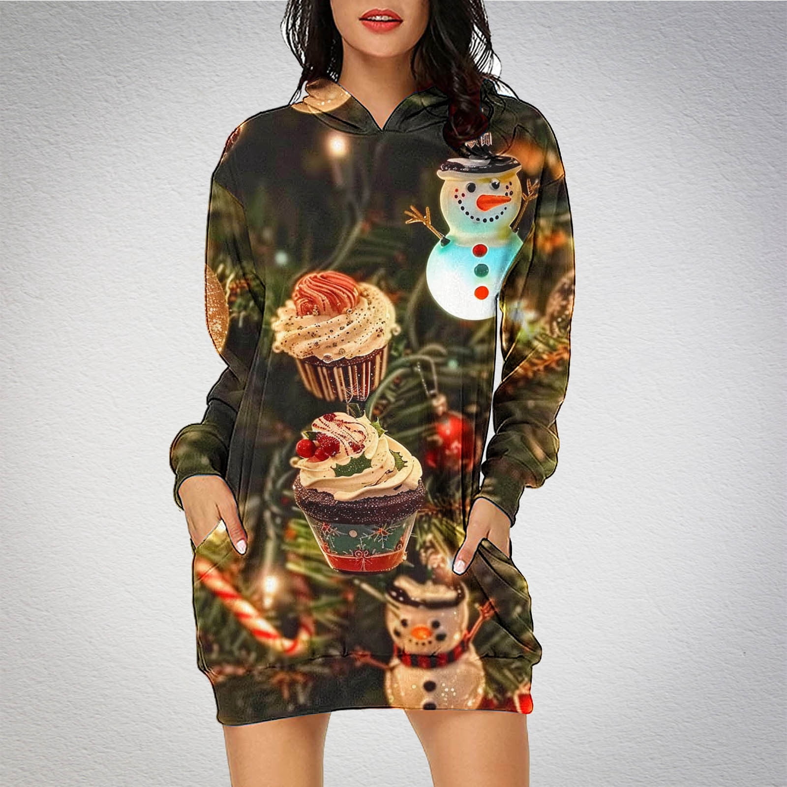 TIMIFIS Robe de Noël Moche pour Femmes, Manches Longues, Imprimé Bonhomme de Neige, Robe Chemise Décontractée Moulante avec Poche