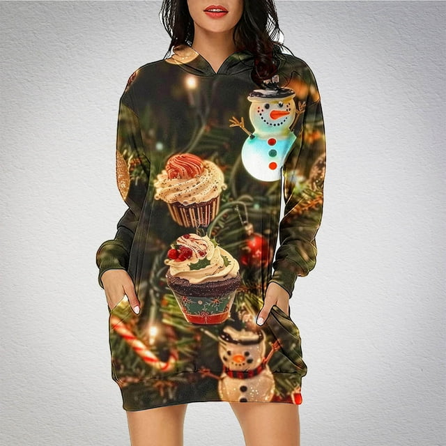 TIMIFIS Robe de Noël Moche pour Femmes Robe de Vacances à Manches Longues Père Noël Flocon de Neige Graphique Midi Robe Chandail Automne Hiver avec Poches