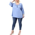 thumbnail image 3 of MODA NOVA Juniors' Plus Raglan Long Sleeves Hollow Out Tie Neck Top Blue 5X, 3 of 6