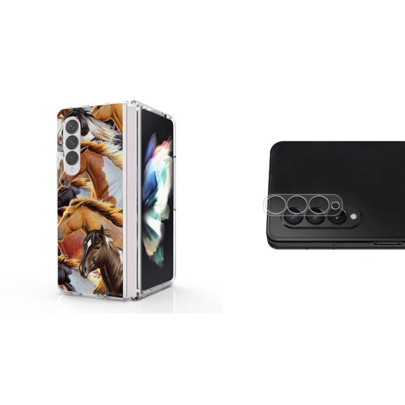 Accessory Bundle for Galaxy Z Fold 4: Slim Snap-On Case (Wild Horses), Rear Camera Glass Protector