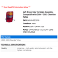thumbnail image 2 of Left Driver Side Tail Light Assembly - Compatible with 2000 - 2003 Chevy Tahoe 2001 2002, 2 of 2