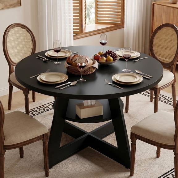 Bestier Round Dining Table for 4-6 People, 47" Circle Kitchen Table with Storage Shelf, Thickened Dinner Table for Dining Room, Living Room, Apartment, Black