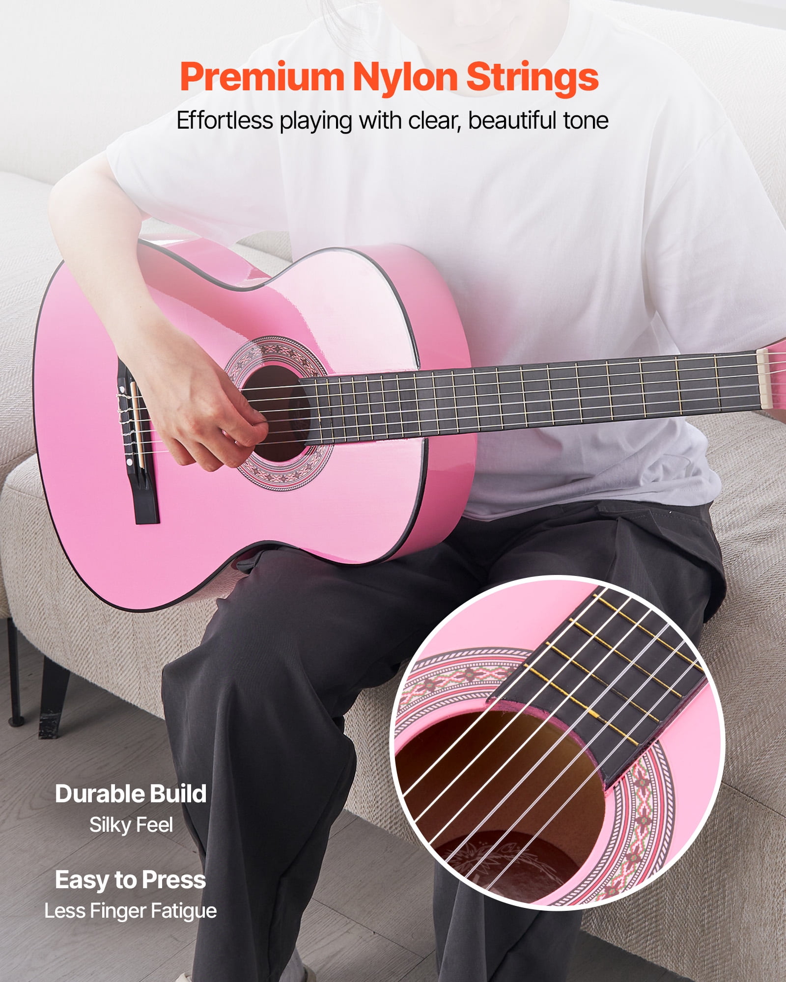 VEVOR 38in Classical Guitar, Wood Guitar Starter Kit for Beginners, with Nylon Strings, Gig Bag, Strap, Tuner, Extra Strings, Picks, Capo, Basswood, for Teenagers Adults Students, Pink
