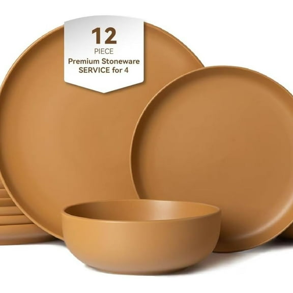 12-Piece Matte Orange Dinnerware Set,Stoneware Dinnerware for 4, Microwave & Dishwasher Safe, Stackable Design for Kitchen and Dining - Plates and Bowls