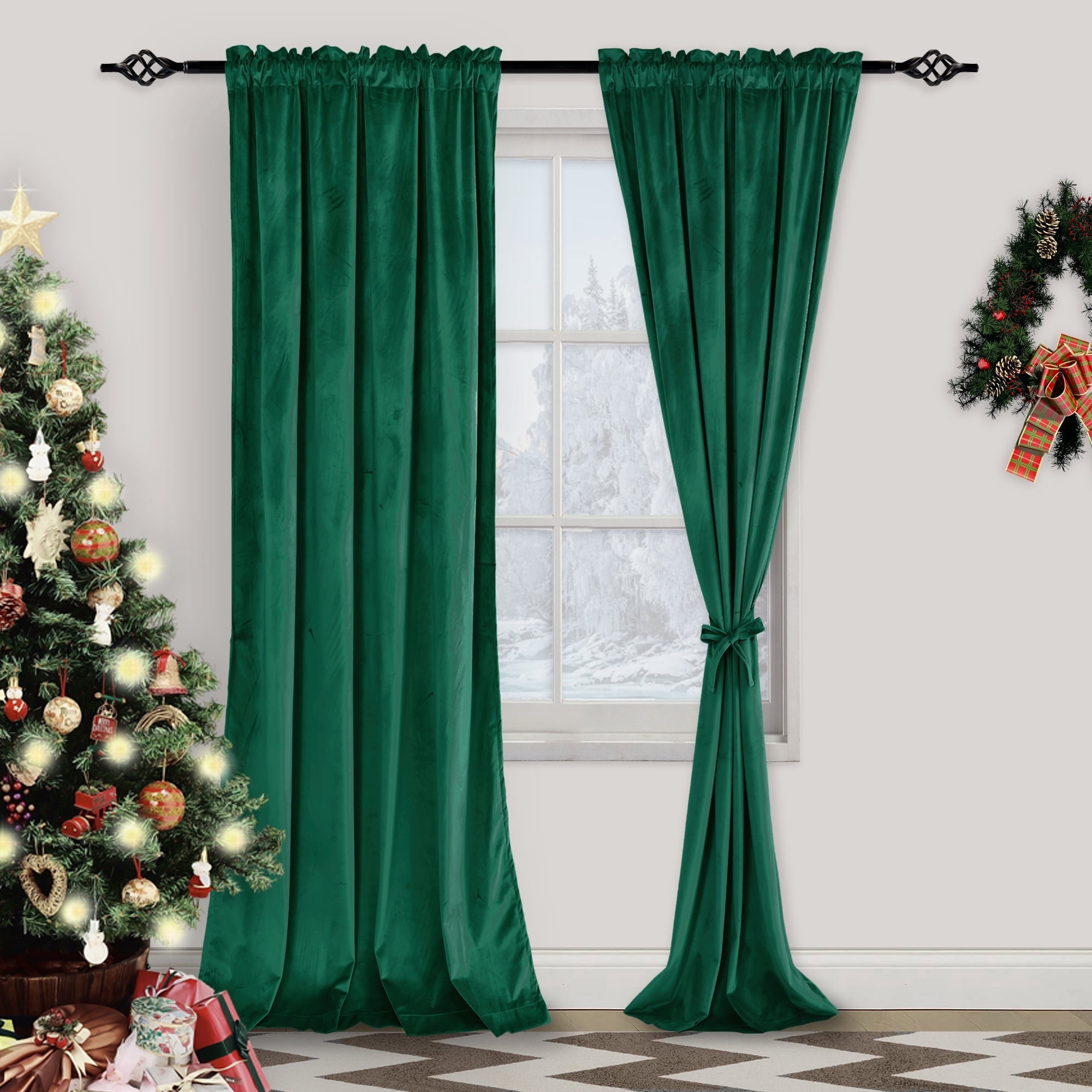 XWZO Green Velvet Curtains 96 inch for Christmas Holiday Decor Set of 2, Rod Pocket Blackout Curtains for Bedroom Living Room with Tiebacks, 52"W x 96"L