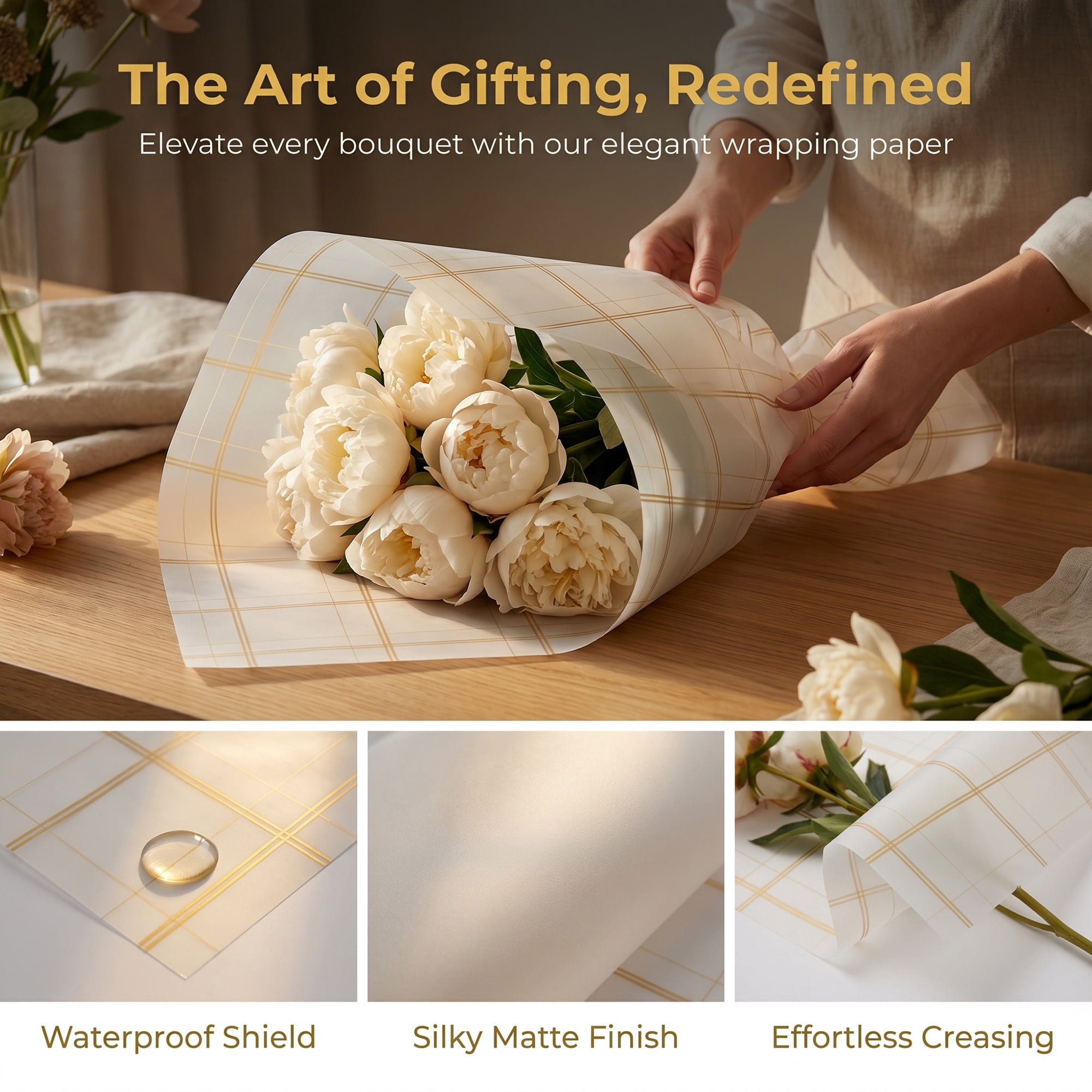 Unique Bargains Luxury Plaid Waterproof Gift Wrap Paper for Bouquets White 22.4"x 22.4"