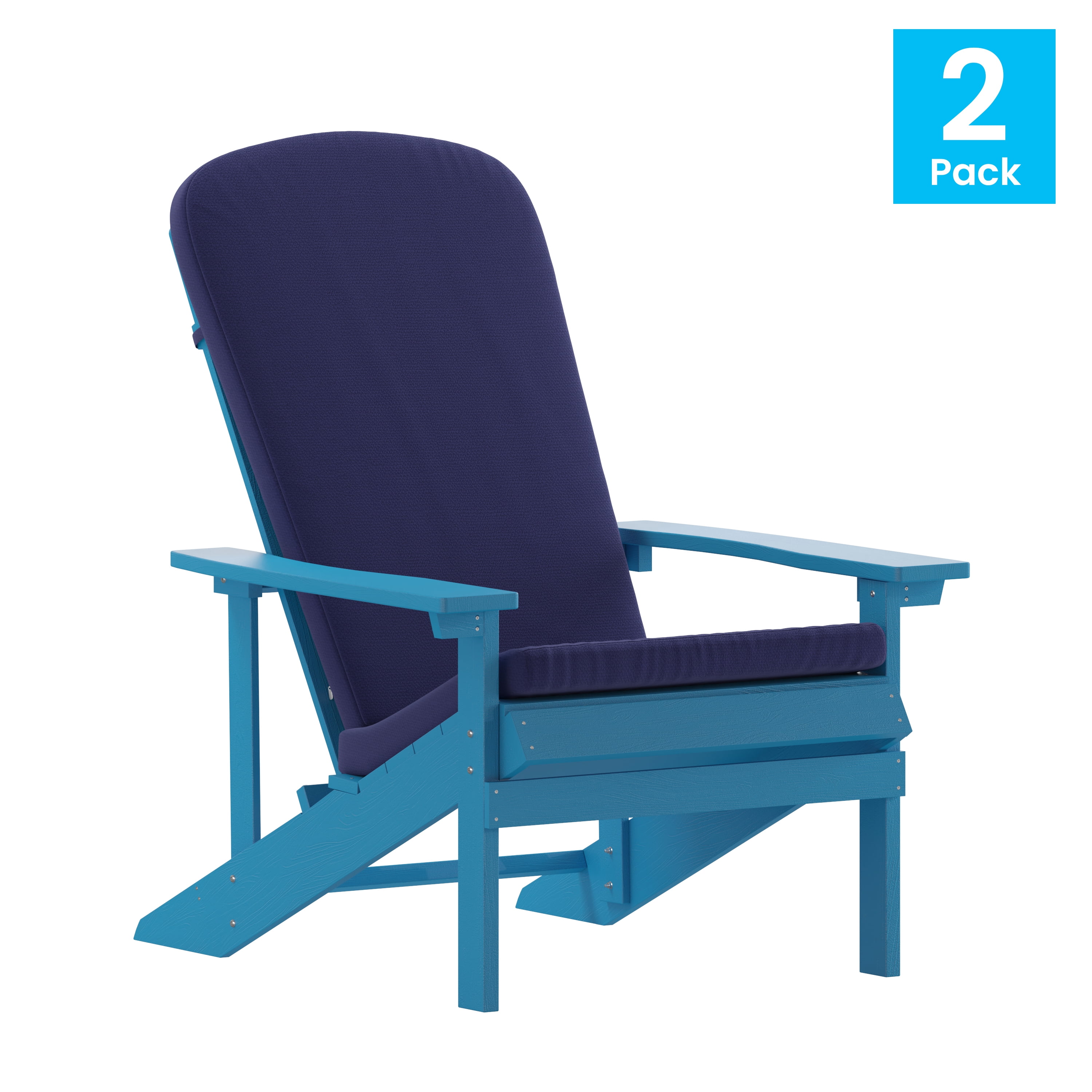 Emma + Oliver Set of Two Blue All-Weather Polyresin Adirondack Chairs with Blue Cushions