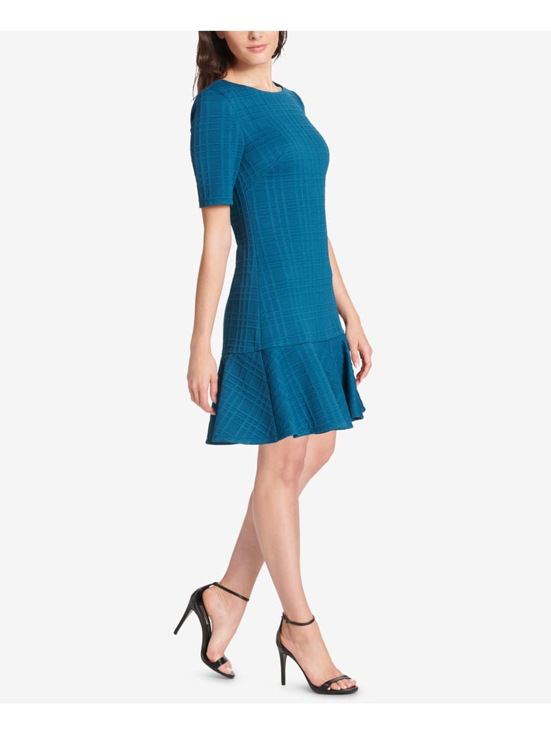 JESSICA HOWARD Womens Teal Textured Drop Waist Short Sleeve Jewel Neck  Above The Knee Dress 8