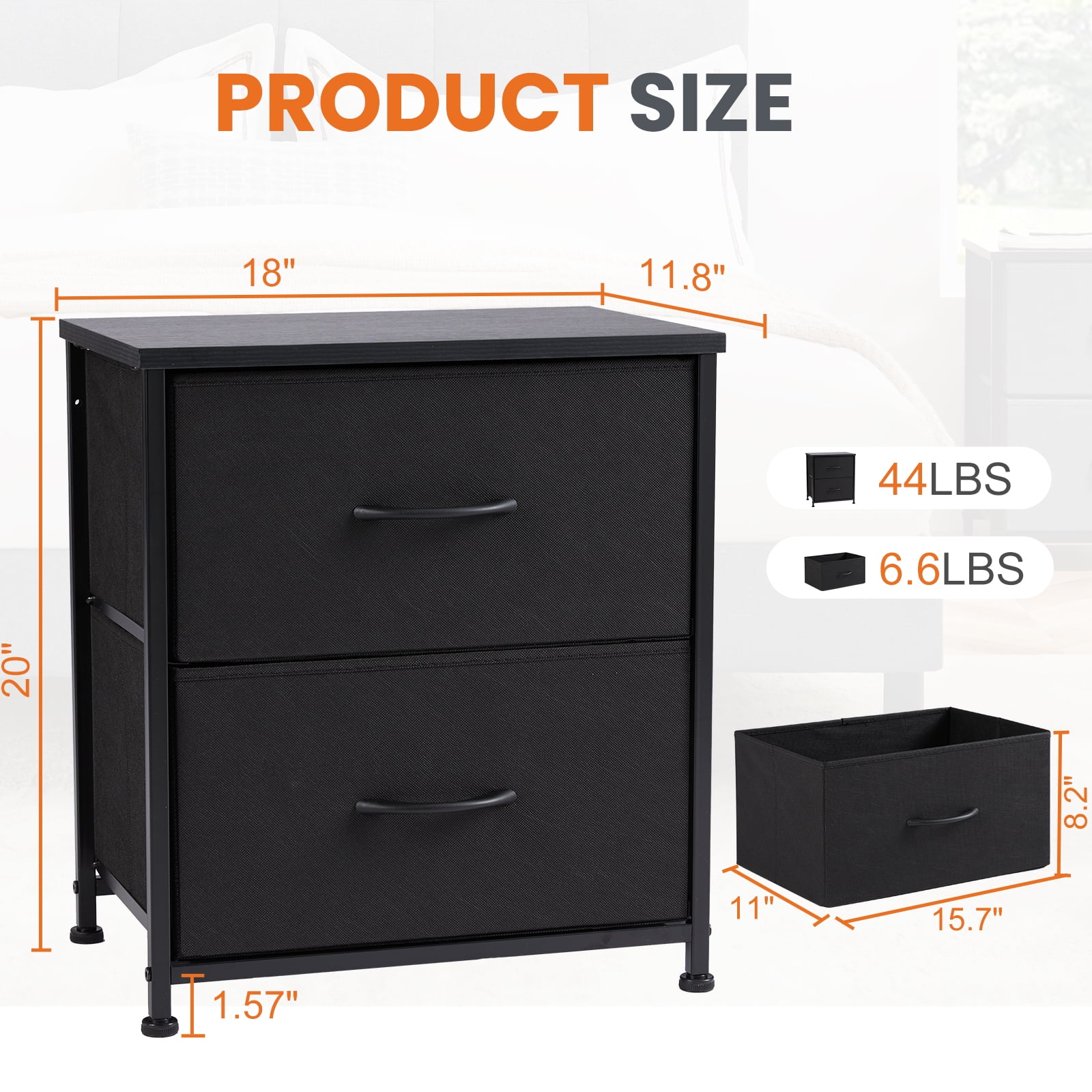 MCQ Set of 2 Nightstand, 2-Drawer Fabric Storage Dresser for Bedroom, Bedside Table, Storage Furniture for Adults, Black