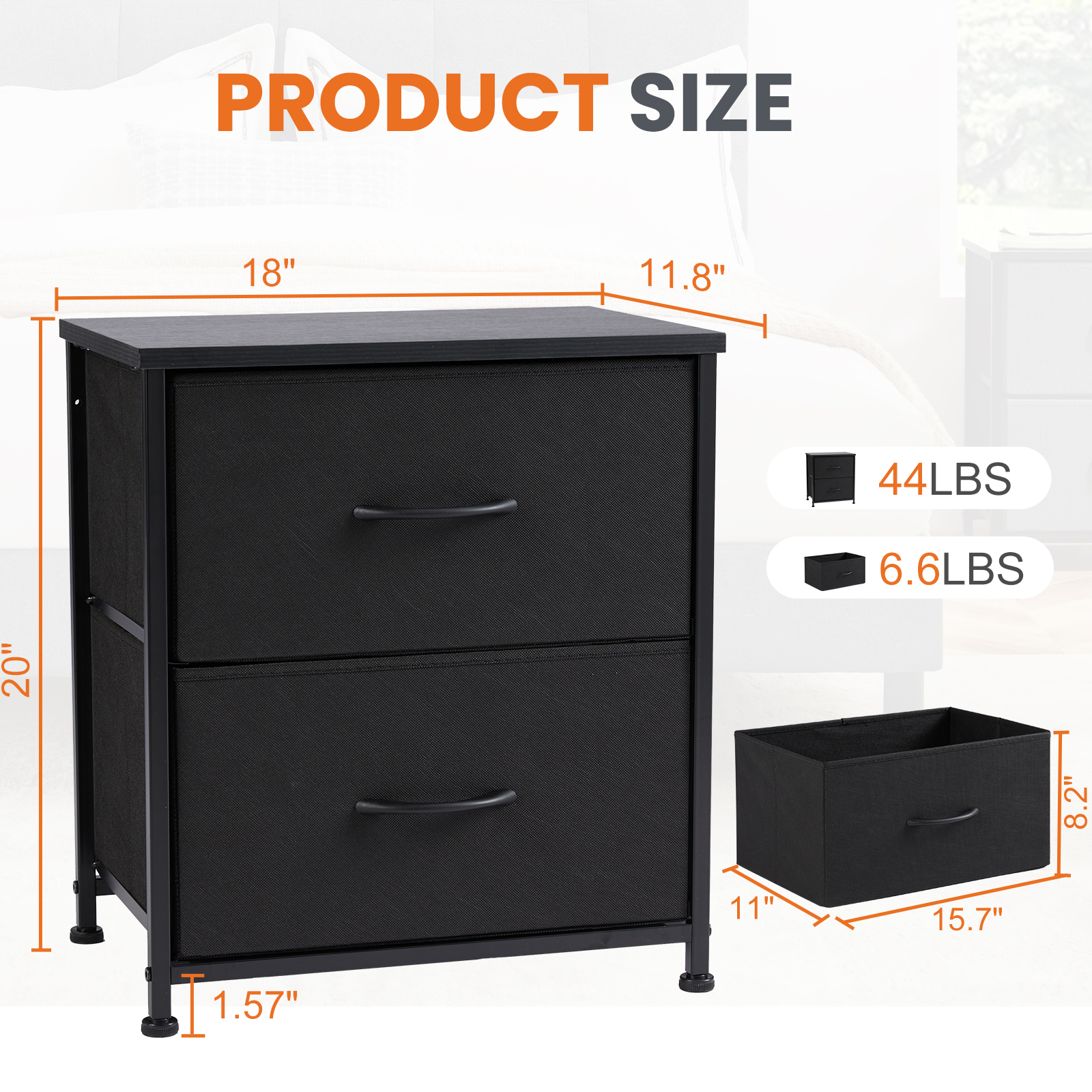 edx Nightstand with 2 Fabric Drawers, Black (Set of 2) photo 8
