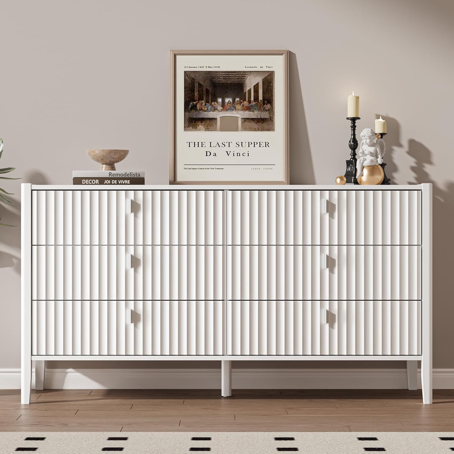FURNIWAY White 6 Drawer Dresser for Bedroom, Modern Wood Dresser, Fluted Design Double Chest of Drawers with Wood Legs, TV Stand Storage Cabinet for Bedroom, Living Rooms, Offices, and Entryways