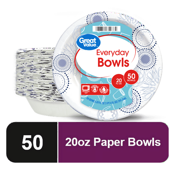Great Value Everyday Disposable Paper Bowls, 20 oz, 50 Count