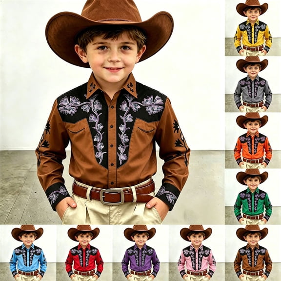 Boys Graphic Tees Lapel Cartoon Print Long Sleeve Button Down Shirt for Denim Boys' Tops Tees Shirts Brown 4 Years-5 Years