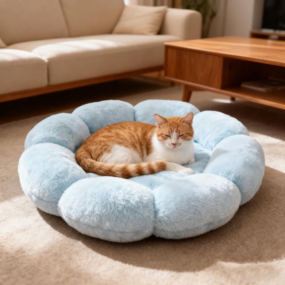Cute Flower Shape Cat Bed, Soft Plush Round Pet Bed for Cats & Small Dogs, Washable Cushion with Removable Cover for Indoor Pets