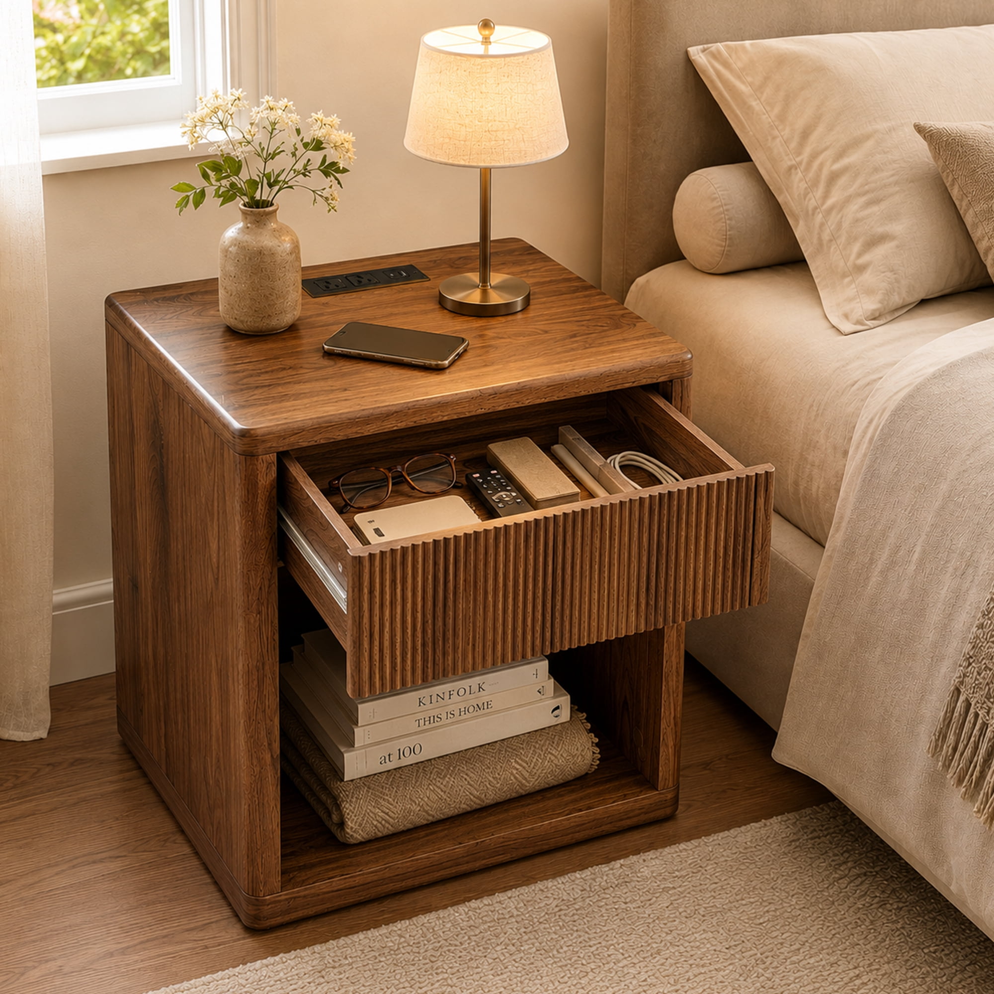 HOQBN Nightstand with 1 Drawer Storage Fluted Bed Side Table End Table Large Modern Wide Bedside Stand for Bedroom Living Room,Walnut
