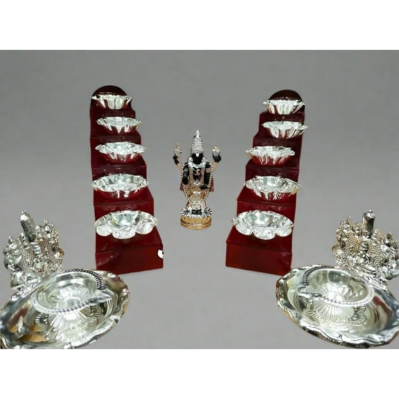 Indiancraftsbykanika German Silver Washable Diyas with Fiber Steps and Balaji Idol, 15-Piece Set