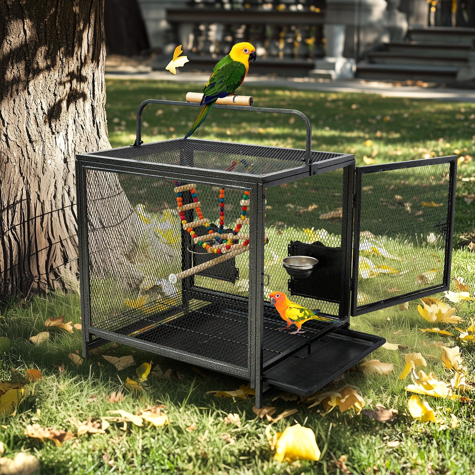 Bingopaw Portable Metal Small Travel Bird Cage Carrier with Hammock Swing Toy and Perch, Removable Tray, Bowls