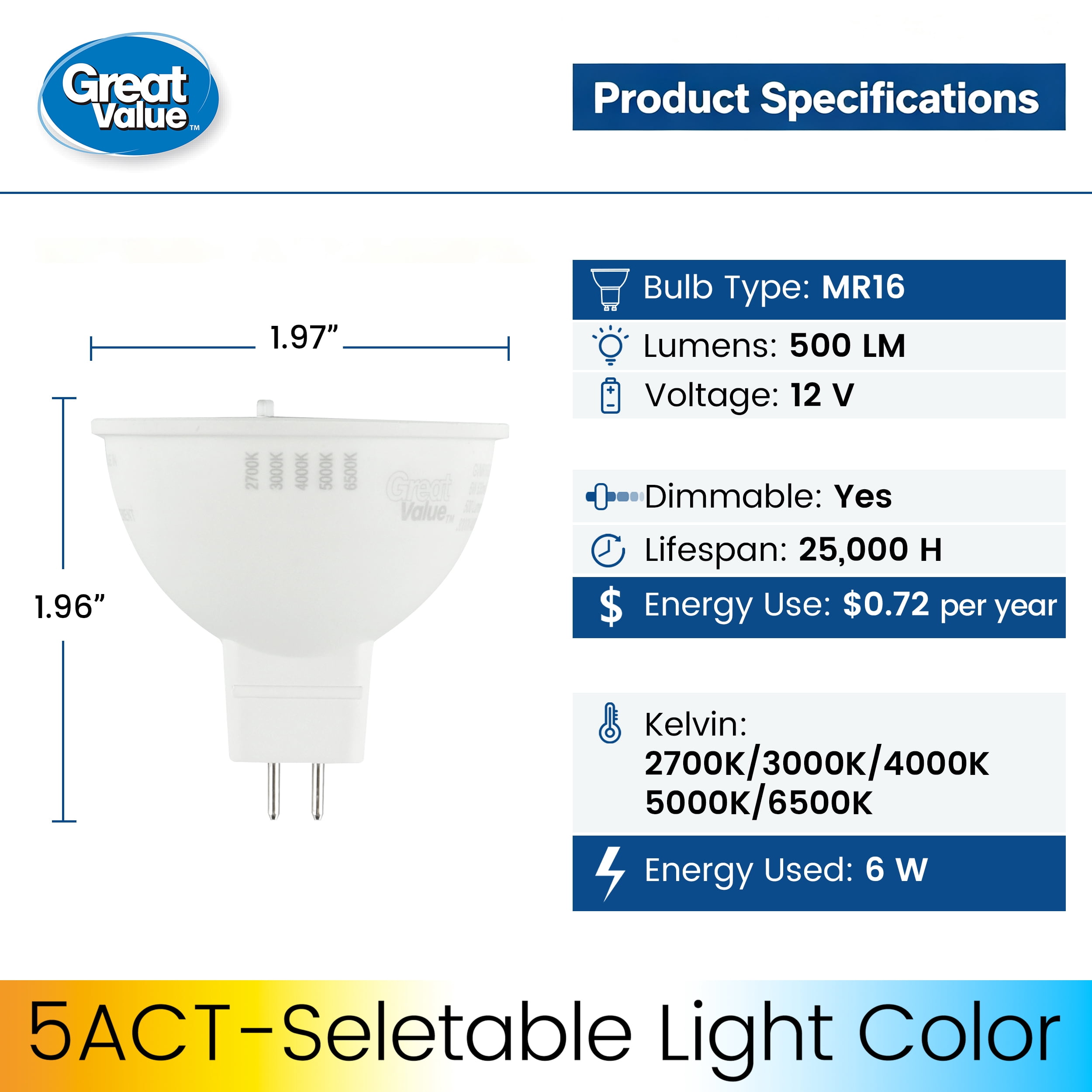 Great Value LED MR16 Indoor Spot Light Bulb, 6-Watts (50W Equiv) 5ACT, Dimmable GU5.3 Base (3 Pack)