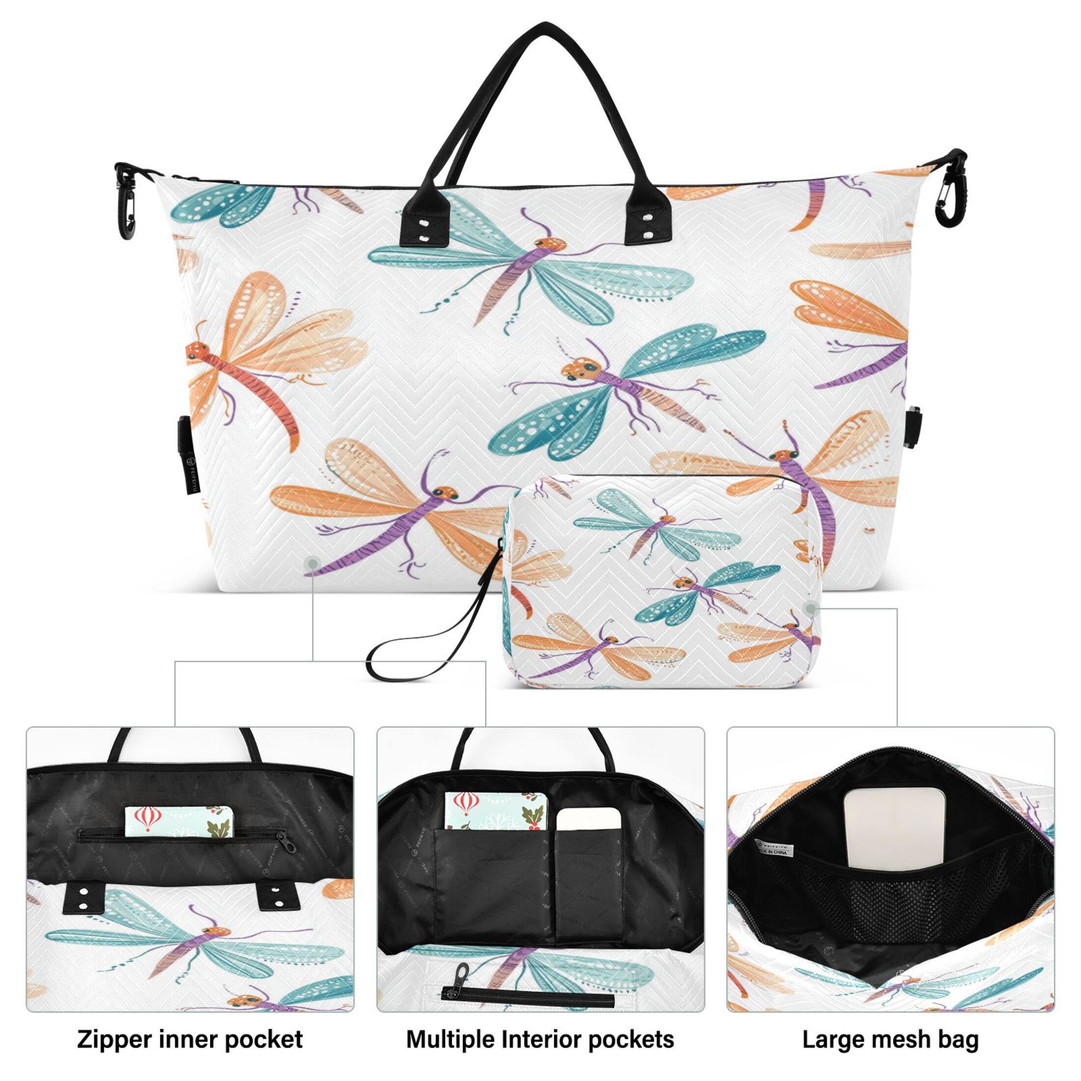 Travel Duffel Luggage Bag Sports Duffle Bag Gym Bag with Zipper Cartoon Dragonflies Pattern