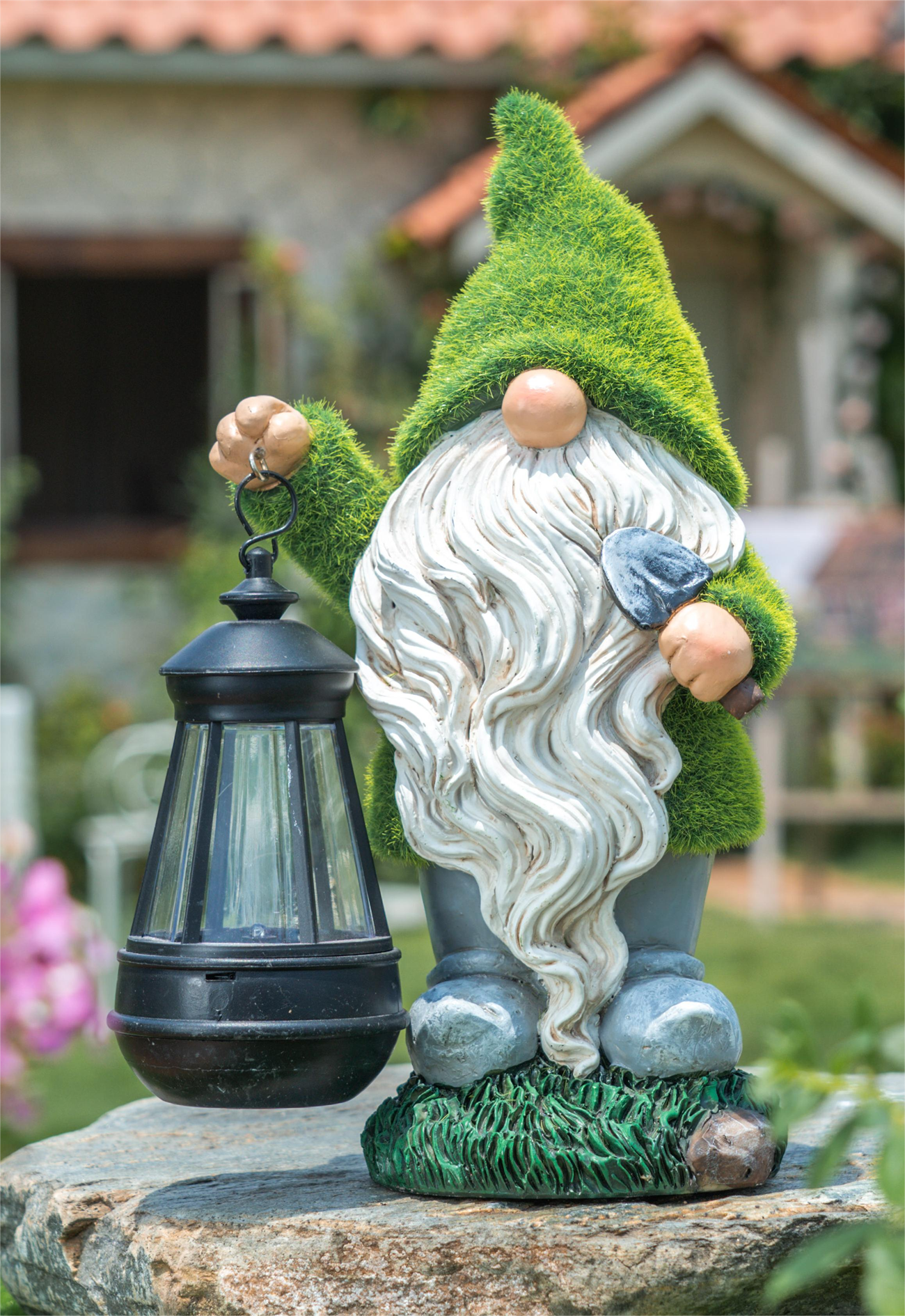 Solar Garden Gnome Statue With Lights - 15.8 Inch Flocked Outdoor Decor