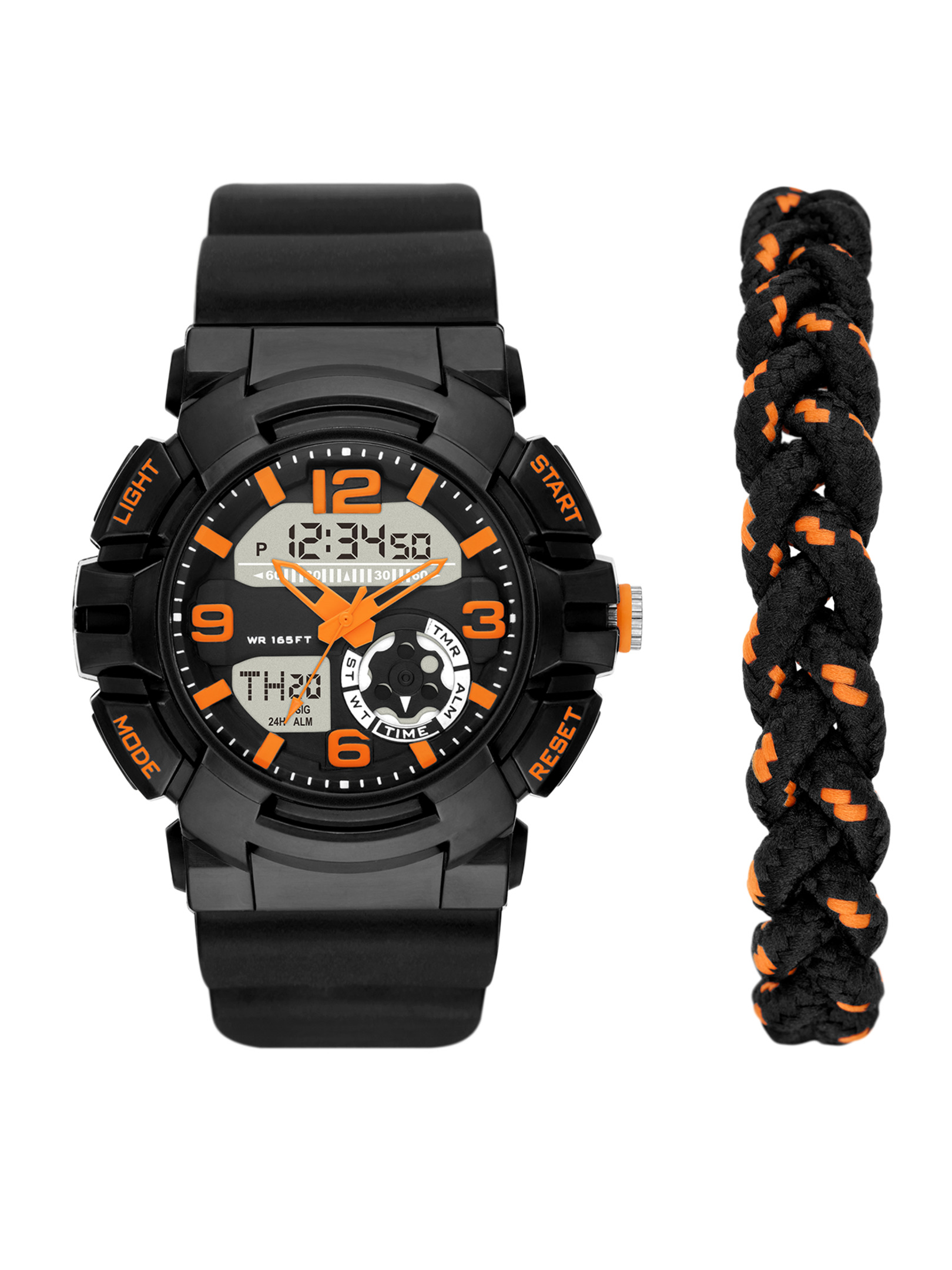 George Men's Analog-Digital Watch Set: Black Round Case, Positive Display, Plastic Band, Black/Orange Double Woven Bracelet (FMDXGE037)