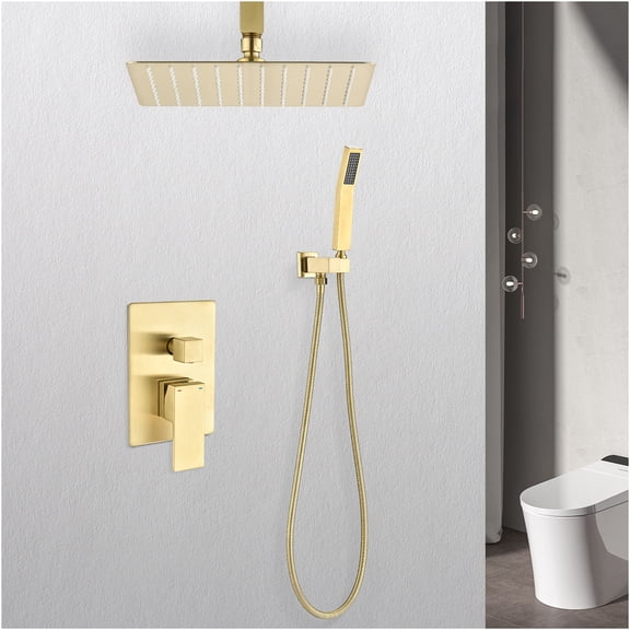 JERFIT Gold 12 inch Rain Shower Head Combo Set, Ceiling Mounted Brass Shower System with Handheld Sprayer