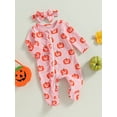thumbnail image 3 of Wassery Baby Girls Halloween Outfits 3M 6M 9M 12M Infant Girls Pumpkin Print Bodysuit One Piece Playsuit Newborn Girls Long Sleeves Zipper Footed Romper Headband, 3 of 9