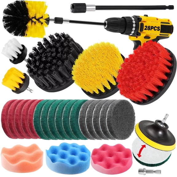 Reluein 27 Pack Drill Brush Set, Power Scrubber Brush with Extended Attachment, Scrub Pads for Grout, Tile, Bathroom, Kitchen, Car Cleaning