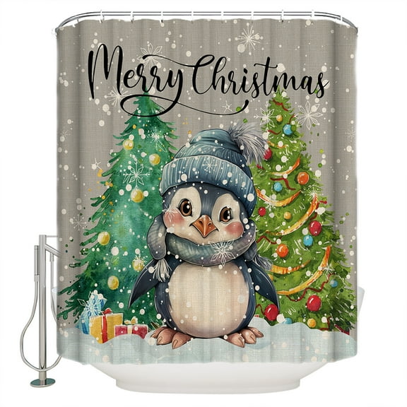 Hokiten Shower Curtain, Christmas Penguin, Fabric Shower Curtains for Bathroom, Winter Snowflake Pine Tree Grey Bath Curtain Waterproof Bathtub Curtains with 12 Hooks, 48" x 72"