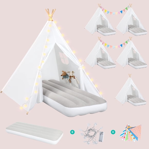 Carpa tipo tipi para niños Wilwolfer, paquete de 6, con luz y cama hinchable, color blanco