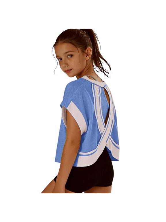Girls Open Back Crop Top with Crossover Straps Relaxed Fit and Yoga Tee Shape (Blue,7-8 Years)