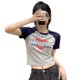 thumbnail image 1 of Camiseta casual de manga corta con estampado de colores en contraste y cuello redondo para mujer para verano Slim Fit Gris L, 1 of 8