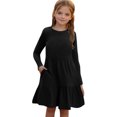 thumbnail image 3 of BiZtdJrK Girls Ribbed Long Sleeve Dress Solid Casual Crewneck A-line Tiered Pullover Midi Dress with Pockets Clothes for Teens, Black, 11 Years, 3 of 10