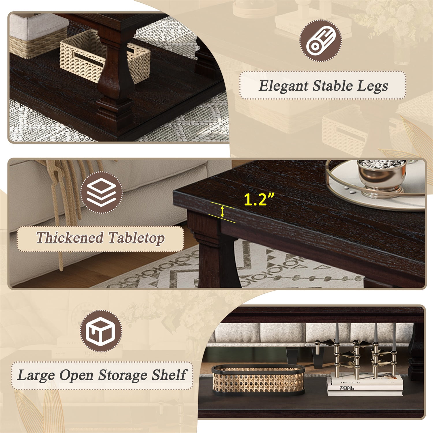 Hommoo Farmhouse Wood Coffee Table 46 Inch Rectangular with Open Shelf Storage, Rustic Living Room Center Table, Espresso