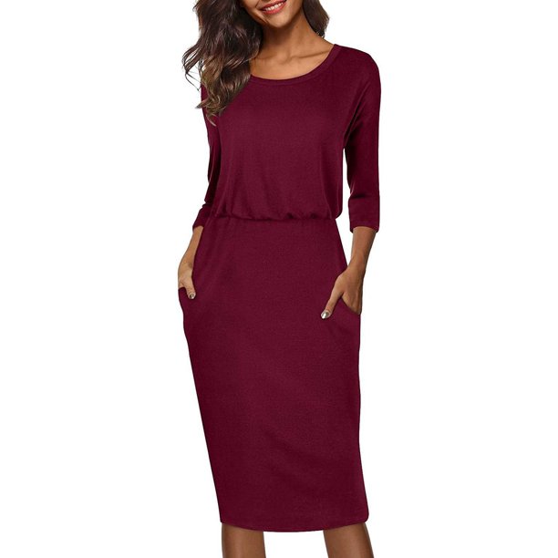 Vestido de tubo de oficina informal con cuello redondo y manga 3/4 para mujer Ormromra WMZL-2295-18