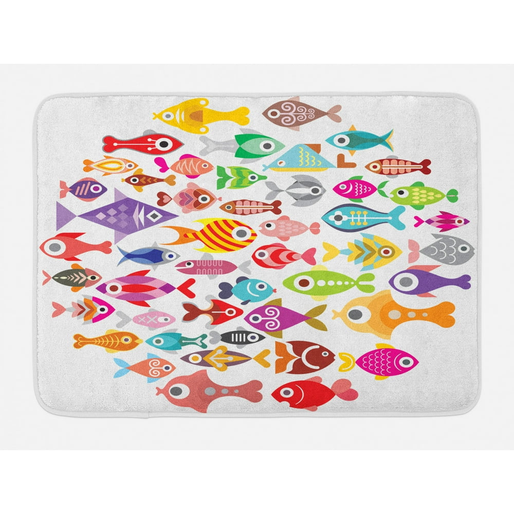 Fish Bath Mat, Rounded Different Size Type Fish Motifs Underwater World Exotic Fauna Gills