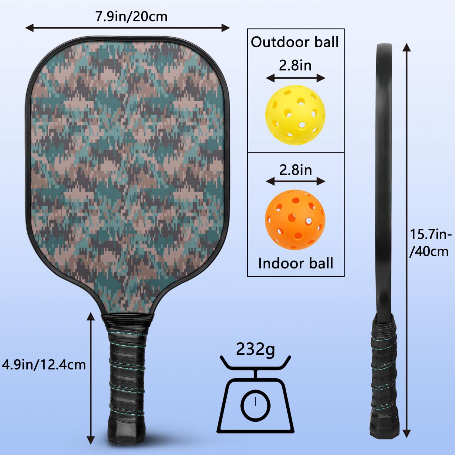 Pickleball Paddles Set Of 1, Fiberglass Surface, Camouflage Print, 1 Paddle, 2 Balls & Bag
