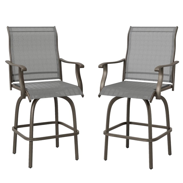 Set of 2 Outdoor Bar Stools, 360° Swivel High Back Patio Chairs with Armrests, Breathable Sling Fabric and Powder-Coated Steel Frame, Light Grey, 23.6"W x 27.6"D x 50"H