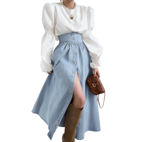 utcoco Women's High Waist Long Denim Skirt Button Down Swing A-Line Jean Maxi Skirt with Pockets