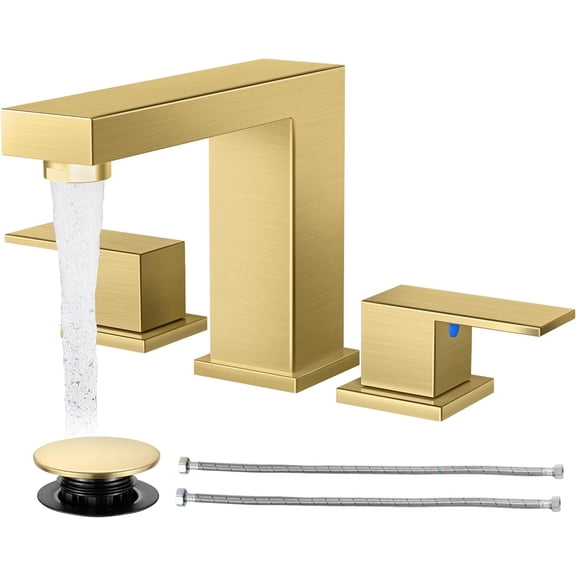 Zovajonia Brushed Gold 3 Hole Bathroom Sink Faucets, Square 8 inch Widespread Basin Faucet with Pop-Up Drain 2 Handle and 2 Supply Hoses