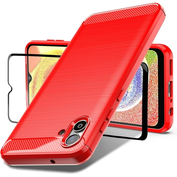 MYKOMI for Samsung A04 Case, Galaxy A04 Case with Tempered Glass Screen Protector, Shock-Absorption Brushed Flexible Soft TPU Carbon Fiber Protective Cover for Samsung Galaxy A04(Red)
