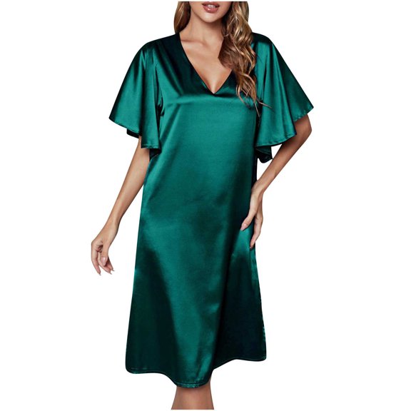 ATOYSOY Women's Mini Loose Dress Sleepwear Beach Sundress Satin Silk Ruffle Sleeve Retro Casual Relaxed Nighdress Trendy V Neck Workout Dress for Girls Green