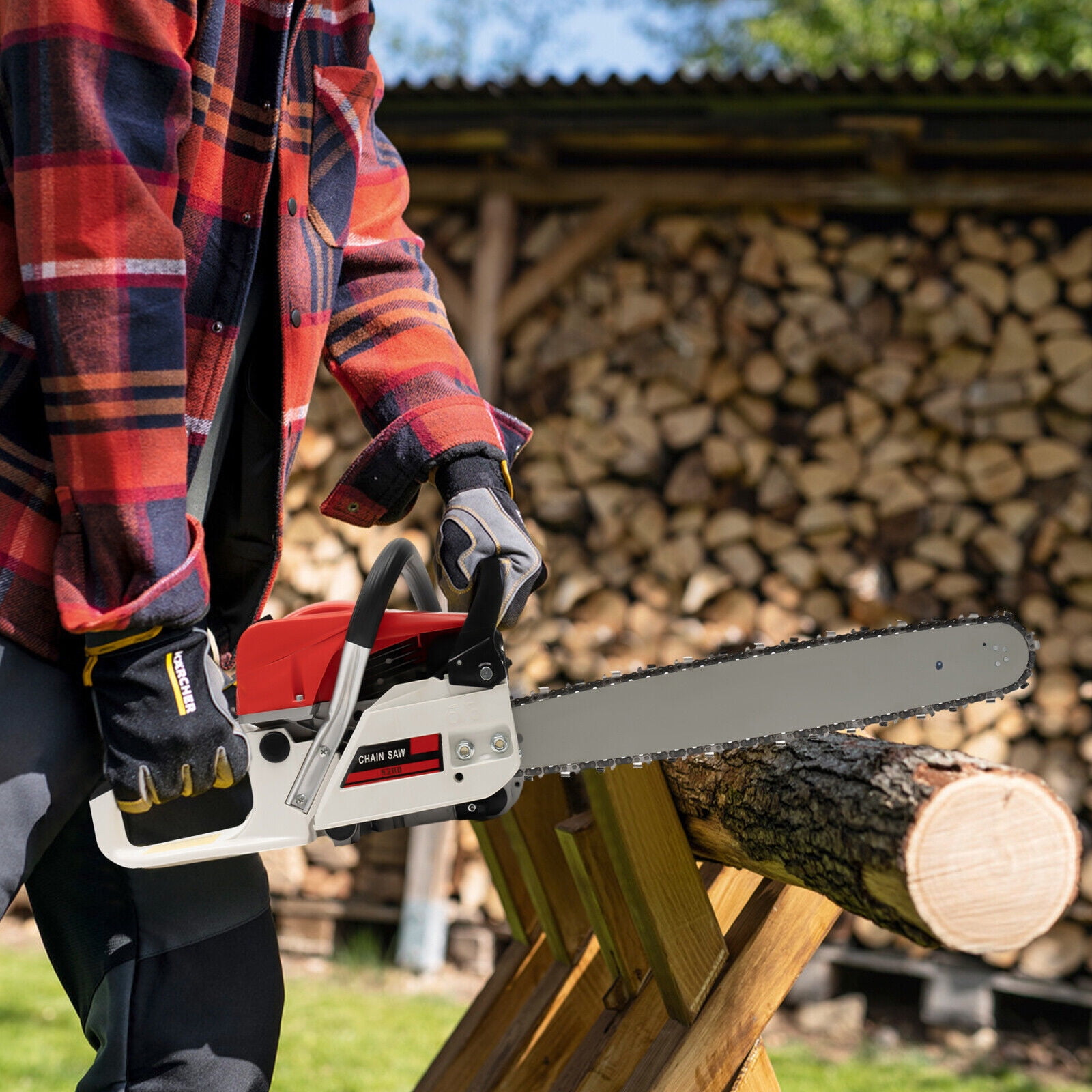 52cc Gasoline Chainsaw with 20-Inch Chain Bar, 2-Stroke Engine, 7500RPM, Cordless Wood Cutting Tool for Pruning, Gardening, and Ranch Work - High Power & Safety Features