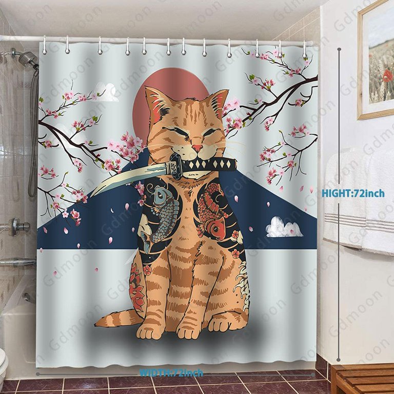 SPXUBZ Cat Shower Curtain Samurai Cute Kitty Funny Ukiyo-e Animal Ink  Culture Red Sun Fuji Mountain Plum Blossom Natural Landscape Bathroom  Curtain