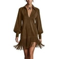 thumbnail image 2 of AUNVITO Women's Deep V Neck Long Sleeve Dress with Fringe Detail Vintage Loose Fit Solid Color Maxi Dress, 2 of 9