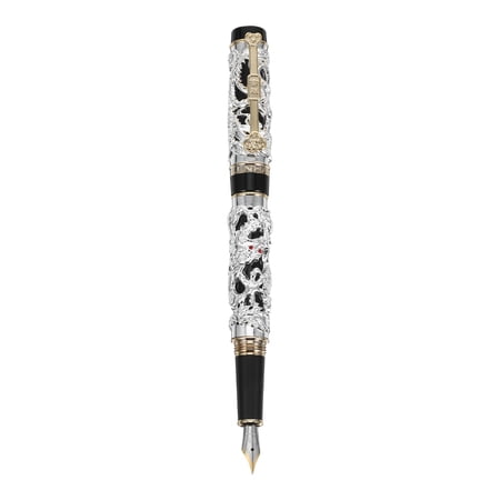 IFANLANDOR Plated Silver Zinc Alloy Fountain Pen with Dragon and Phoenix Design for Smooth Writing and Portable Use