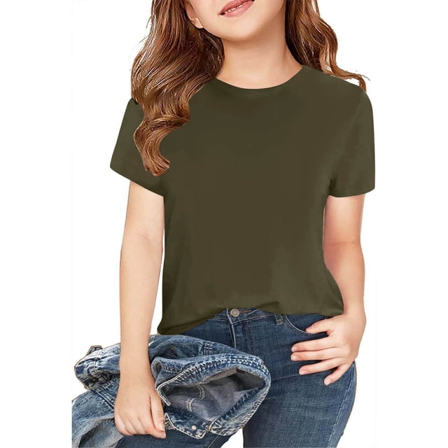 Zpanxa T-Shirts 3 Pcs pour Filles Couleur Unie Manches Courtes Col Rond Été Décontracté Haut en Coton 4 Ans