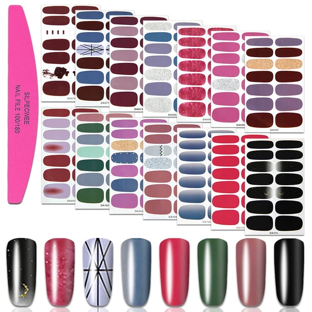 SILPECWEE 14 hojas de tiras de esmalte de uñas de color sólido para mujeres, pegatinas adhesivas para uñas, tiras de uñas reales, puntas de uñas con 1 lima de uñas